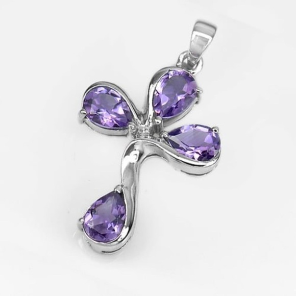 Sterling Silver Pendant White Gold Plated with Natural Gem Purple Amethyst - Picture 2 of 3